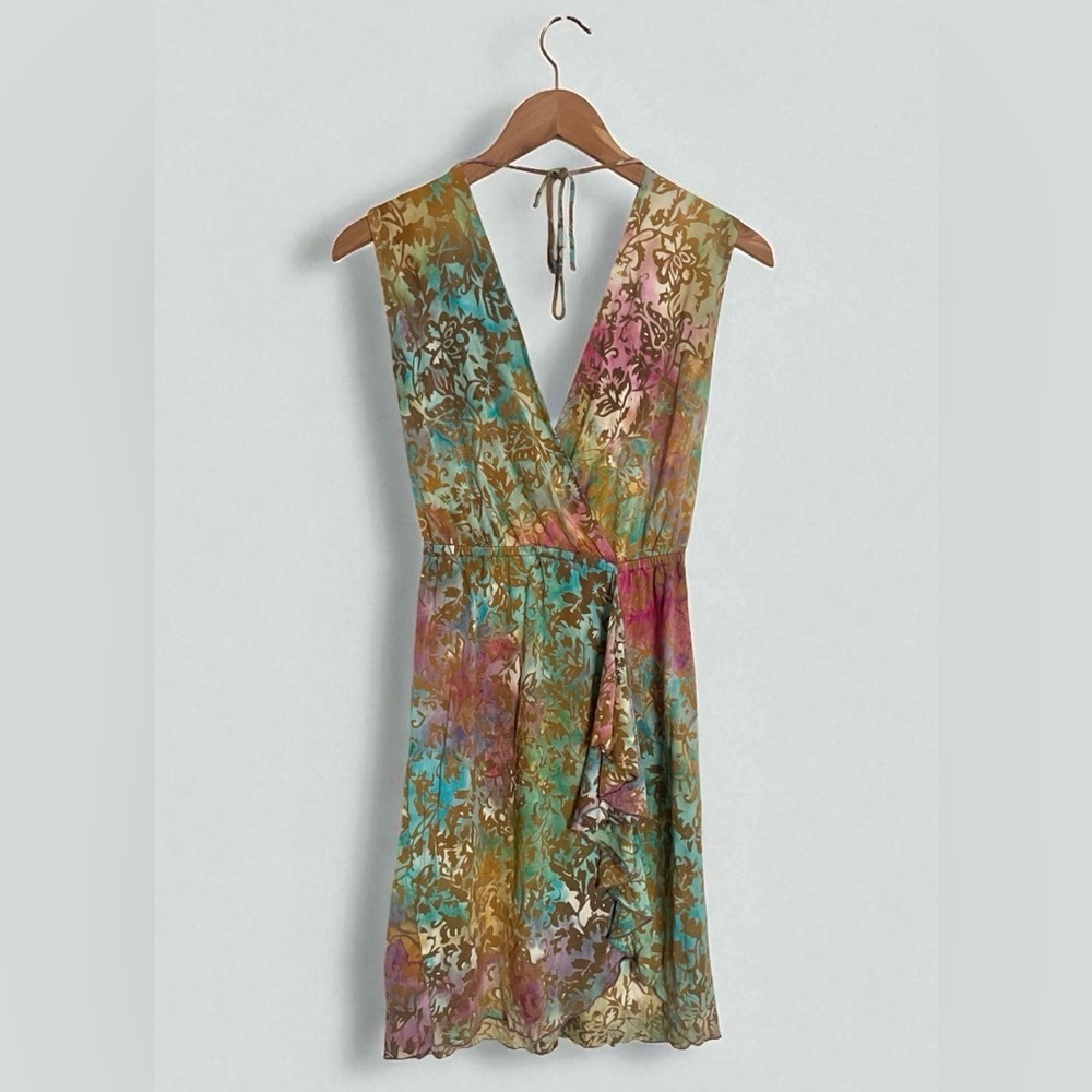 Vintage Santiki Festival Resort-wear Faux Wrap Summer Dress in Batik Tie Dye XS
